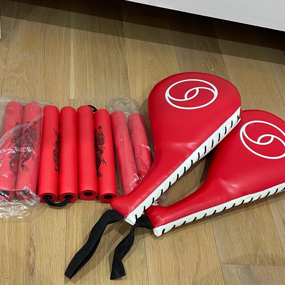 Red TKD Taekwondo Focus Mitts and Nunchucks